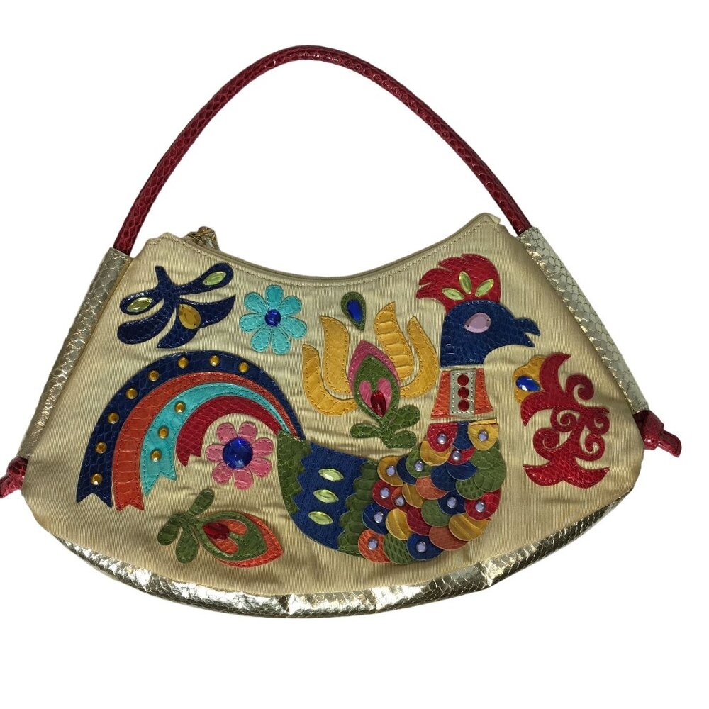 Braccialini Handbag Rooster Floral Applique Crystals Vegan Folk Art to Wear